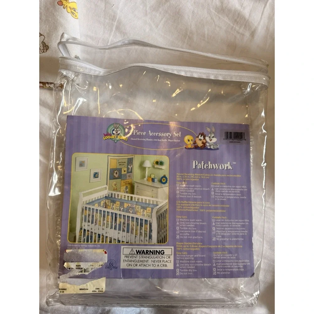 Vintage Y2K Baby Looney Tunes Patchwork Receiving Blanket & Crib Dust Ruffle Set